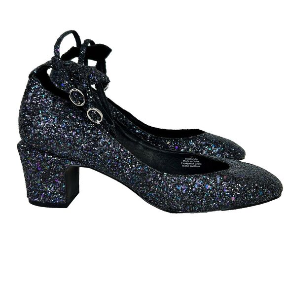 NWT Free People Lana Glitter Block 8 Heels Ankle Strap Blue Black Women's 38 7.5 - Picture 3 of 11